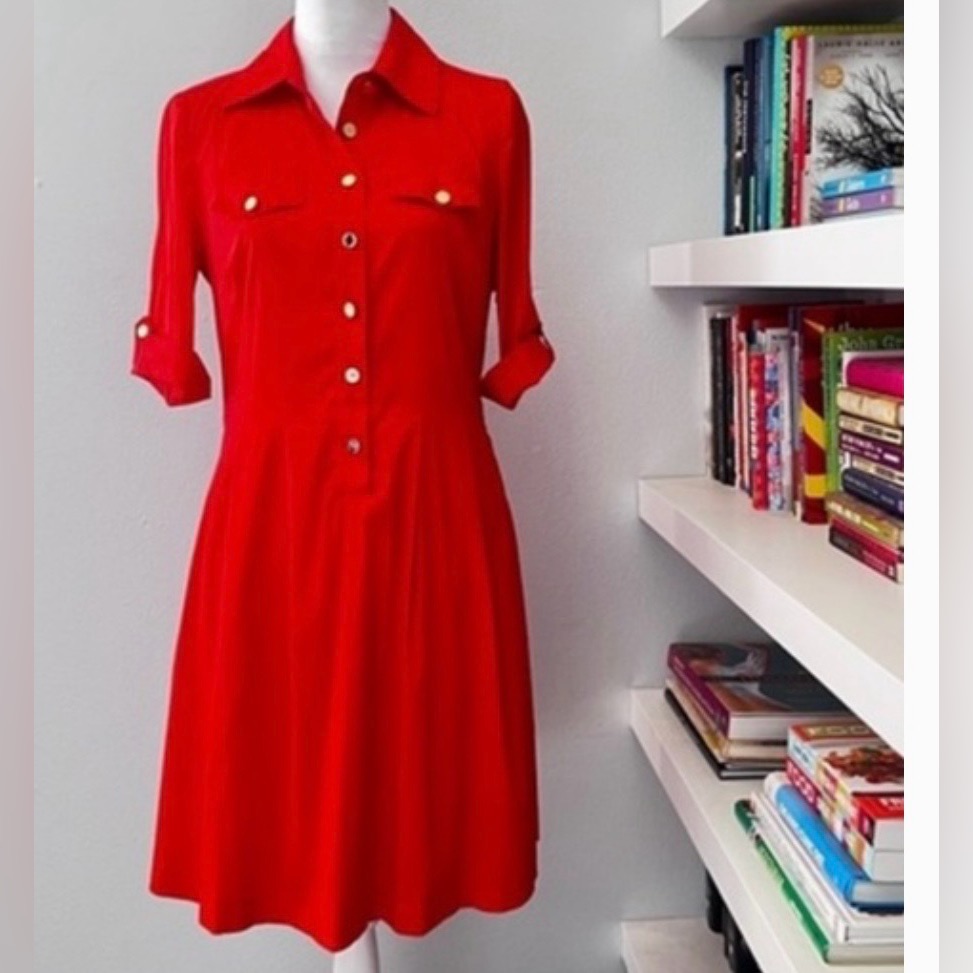 5f Bergdorf Tory Burch 3/4 Sleeve Red Poplin A-Line Dress Zb15